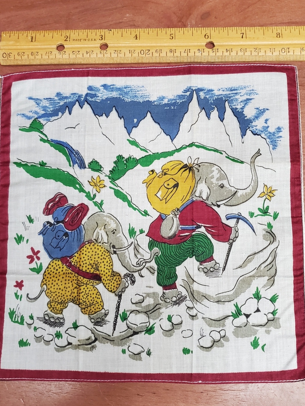 Vintage Novelty Elephant Hiking Print Handkerchief - Multicolor